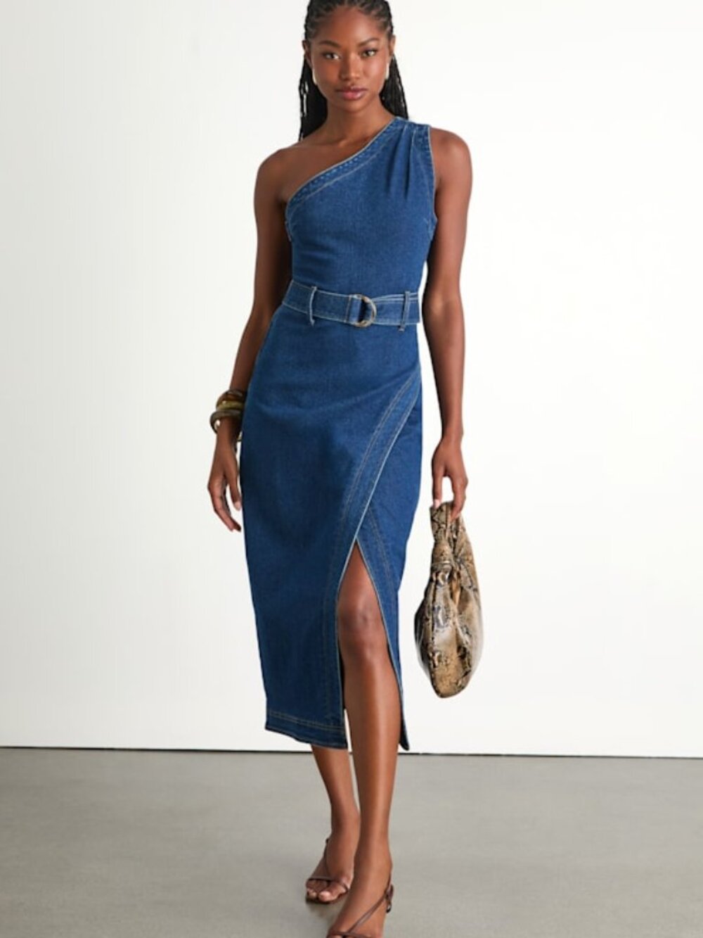 Lulus Avelina Medium Wash Denim One-shoulder Belted Midi Dress Blu